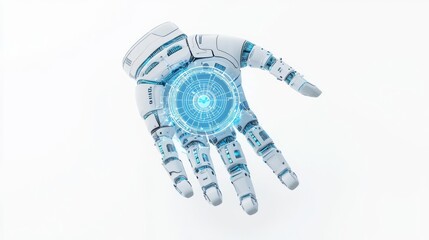Futuristic robotic hand with glowing interface showcasing advanced technology.