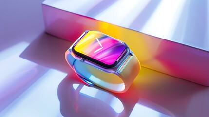 A vibrant smartwatch with a colorful strap and glowing display, resting on a polished white surface.