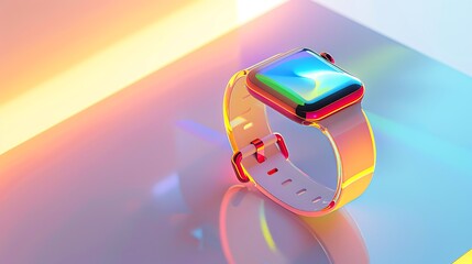 A vibrant smartwatch with a colorful strap and glowing display, resting on a polished white surface.