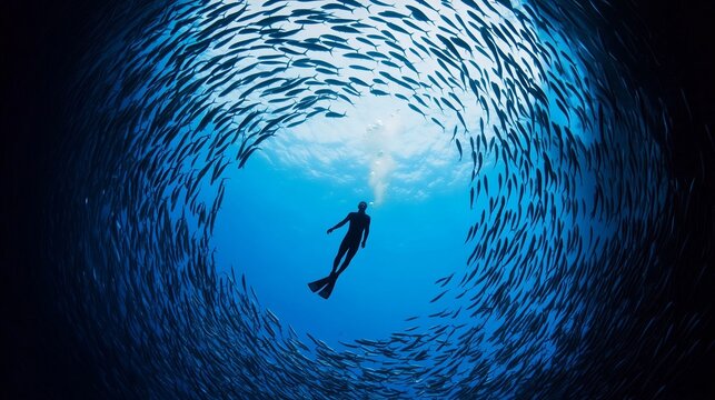 Diver surrounded by a mesmerizing school of fish underwater, with sunlight filtering through the ocean.