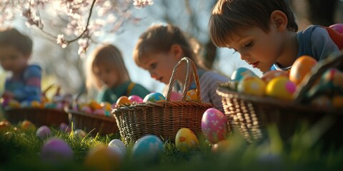 Happy Easter gathering with children in baskets of colorful eggs and sweet treats on grass, outdoors. Springtime family fun event.