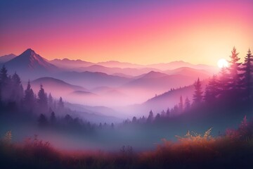 Obraz premium Traumhafte Landschaft mit Nebel und Sonnenuntergang in leuchtenden, warmen Farbtönen