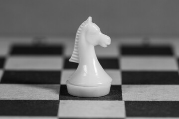 A white chess knight figure on a chessboard © Klochkov