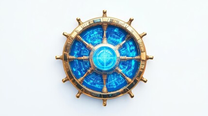 A beautiful nautical steering wheel design with a glowing blue center and golden accents.