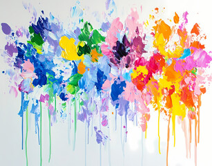 Fototapeta premium Colorful paint splashes on a white background, a rainbow-colored splash painting. A color explosion concept