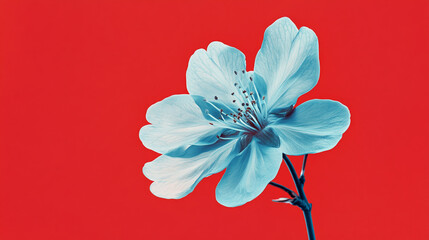 Obraz premium A close-up of a blue flower with delicate petals against a vivid red background, symbolizing purity, simplicity, and elegance in a modern artistic style.