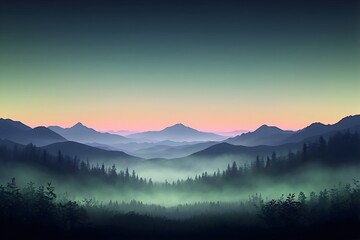 Obraz premium Traumhafte Landschaft mit Nebel und Sonnenuntergang in intensiven Farben
