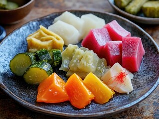 A plate of fresh, cubed fruit featuring a vibrant mix of colors and textures, ideal for a healthy snack or part of a vegetarian meal.