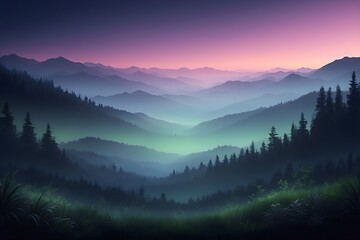 Obraz premium Traumhafte Landschaft mit Nebel und Sonnenuntergang in intensiven Farben