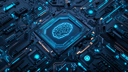 Fototapeta premium A circuit board featuring an AI brain icon at its center, utilizing a blue and black color theme for a technological aesthetic