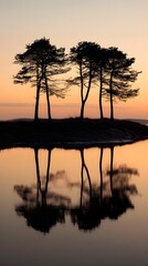 Fototapeta premium The silhouette of trees on the shore, reflecting in the calm waters at sunset 