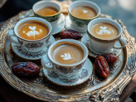 Close-up of three cups of arabic coffee with latte art and a serving of date cookies, set against the backdrop of an ornate tray. A decorative and delightful presentation.