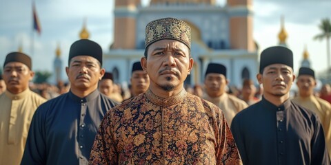 Obraz premium A group of men in traditional clothing at a temple, posing for the camera. The central figure is wearing ceremonial attire and appears to be leading or addressing the gathering.