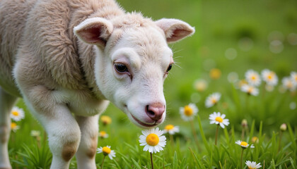 Obraz premium Playful lamb sniffing a daisy in a grassy field, nature's beauty
