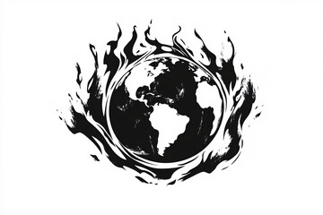 Black and White Illustration of a Burning Planet, Symbolizing Climate Change, Environmental Crisis, and Global Destruction