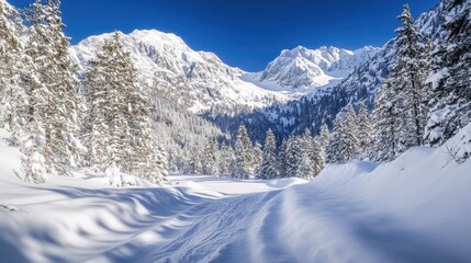 Fototapeta premium Spectacular winter view of a mountain trail surrounded by dense evergreen trees. The image conveys serenity and the allure of nature's untouched beauty.