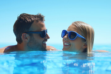Couple enjoying a joyful moment in a bright swimming pool during summer