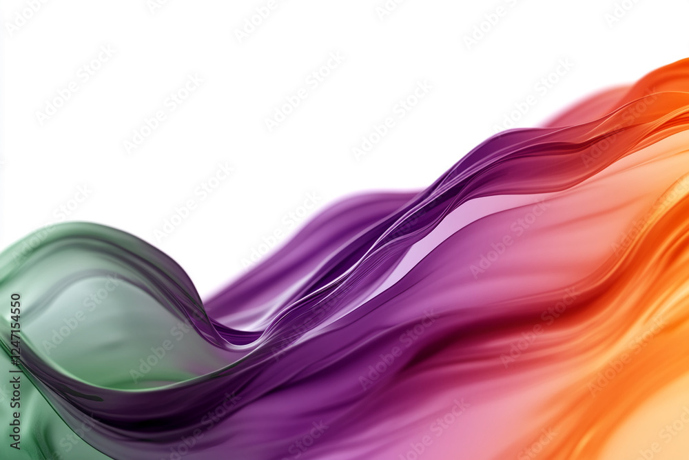 Poster close-up abstract image of smooth flowing fluid in green, purple, and orange hues, creating dynamic 