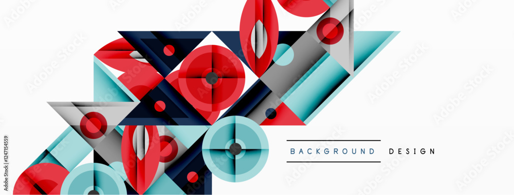 Poster Geometric abstract composition with intersecting shapes, circles, triangles, and gradients, blending vibrant colors and dynamic contrasts to create a modern, futuristic visual design