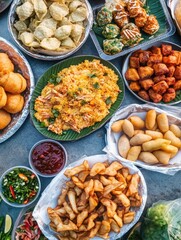 Variety of ethnic foods in metal containers.