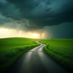 Fototapeta premium Road through the field, A green summer path stretches across the rural landscape, leading towards the horizon under a vast sky of clouds with sunlight in agriculture farmland at rainy day
