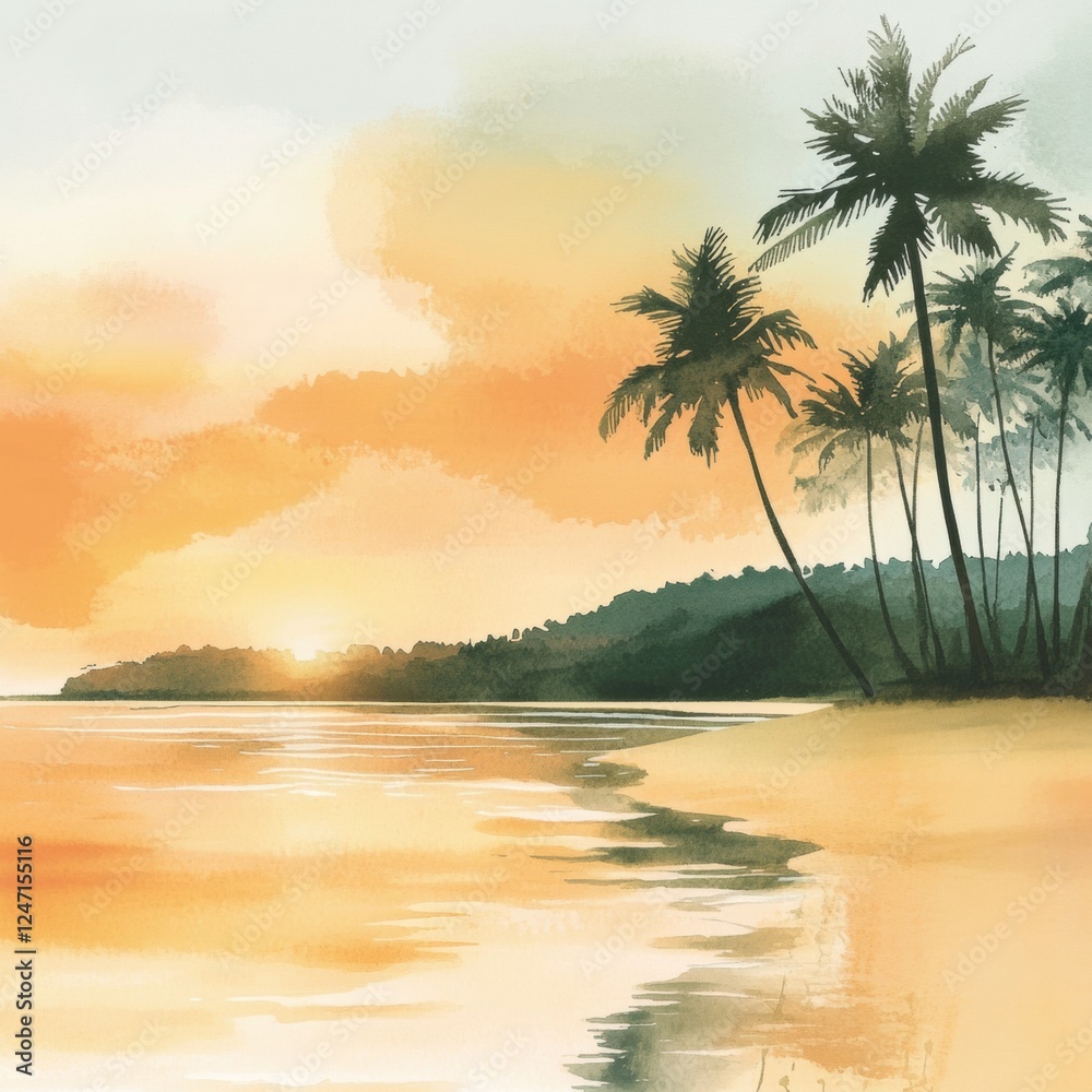 Poster tranquil sunset view over the calm ocean with silhouetted palm trees near the beach. generative ai