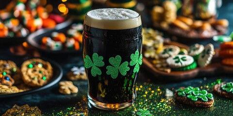 St. Patrick's Day celebration with a pint of stout beer and traditional Irish treats.
