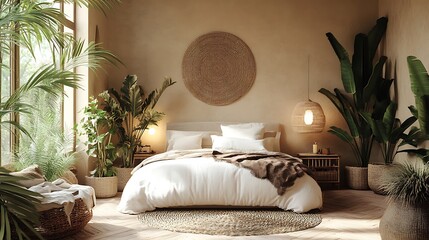 Modern Luxury Home Interior Bedroom Design with Mockup Frame , Wall, lamp, table, Poster(3d Render)