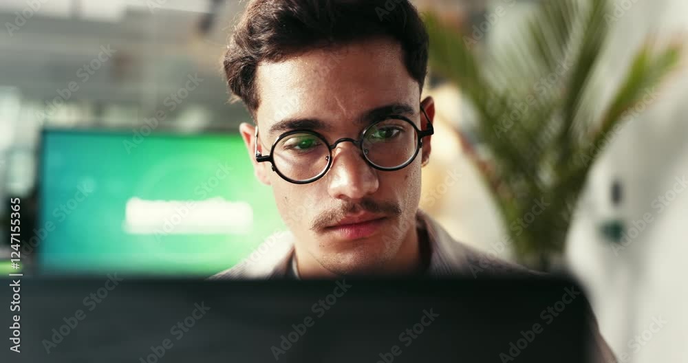 Aufkleber Man, software designer and thinking with computer for website, planning or app development in office. Creative person, idea and report with digital technology for problem solving or update research