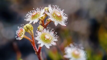 A close up of a flower with a few drops of water on it. The flower is white and has a green center