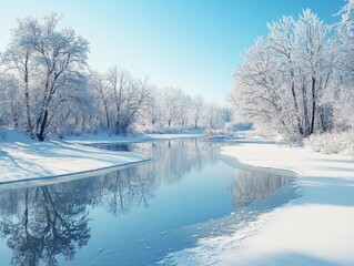 A serene winter landscape featuring a frozen river with snow-covered trees and banks. The tranquil scene captures the beauty of nature's cold season.