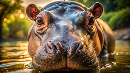 Fototapeta premium Pygmy Hippopotamus, Drone, Brown Eyes, Oil Skin