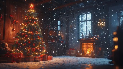 Cozy holiday interior glowing Christmas tree snow falling outside warm winter decor