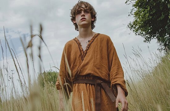 young man attired as a medieval peasant amidst wild herbs