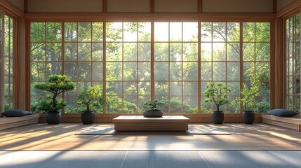 Fototapeta premium Tranquil Zen garden room sunrise view