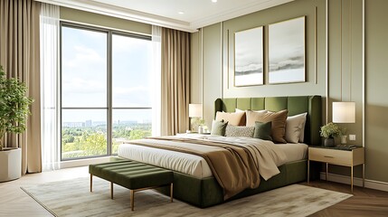 Fototapeta premium Modern Luxury Home Interior Bedroom Design with Mockup Frame , Wall, lamp, table, Poster(3d Render)