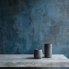Gray vases on light table against dark blue concrete wall