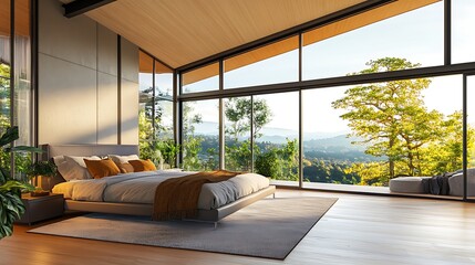 Modern Luxury Home Interior Bedroom Design with Mockup Frame , Wall, lamp, table, Poster(3d Render)