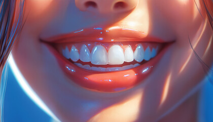 Naklejka premium Close-up of a beautiful woman's smiling mouth with white teeth, against a blue background