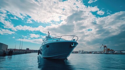 Obraz premium A large boat is floating in the water near a dock. The sky is cloudy, but the water is calm