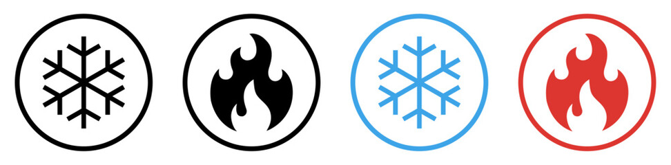 Snowflake and fire icon. Cold and hot sign symbol. Ice and flame fire icons in circle for app and web. Flat design. Vector illustration. Silhouette and outline style. © Munnacreativehub