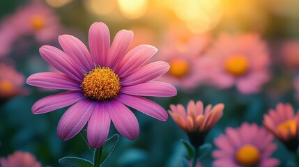 Obraz premium A vibrant close-up of pink flowers in a sunlit garden.