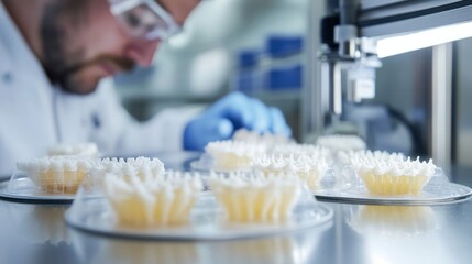 Scientist in a laboratory uses 3d printing technology to create intricate models for research. The focus is on innovation and precision in scientific experiments