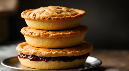 A variety of pies are arranged vertically, revealing different flavors and textures. There is space for adding text. Perfect for food photography, bakery advertisements, and dessert-themed designs.