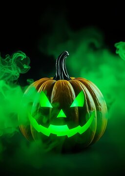 Green halloween pumpkin with green smoke isolated on dark background bokeh green bokeh green abstract background light bright blur pattern