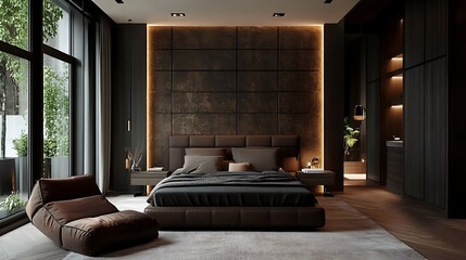 Modern Luxury Home Interior Bedroom Design with Mockup Frame , Wall, lamp, table, Poster(3d Render)