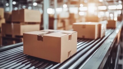 Scene of cardboard box packages on conveyor log, smooth repetitive motion for background video animation