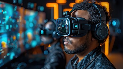 Virtual world, young person in technological goggles