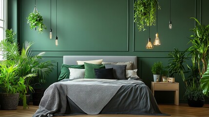 Modern Luxury Home Interior Bedroom Design with Mockup Frame , Wall, lamp, table, Poster(3d Render)