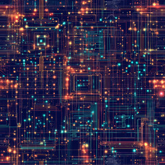A seamless futuristic pattern of a glowing neon microchip with circuit paths, symbolizing next-gen computing, AI, and cyber technology.  